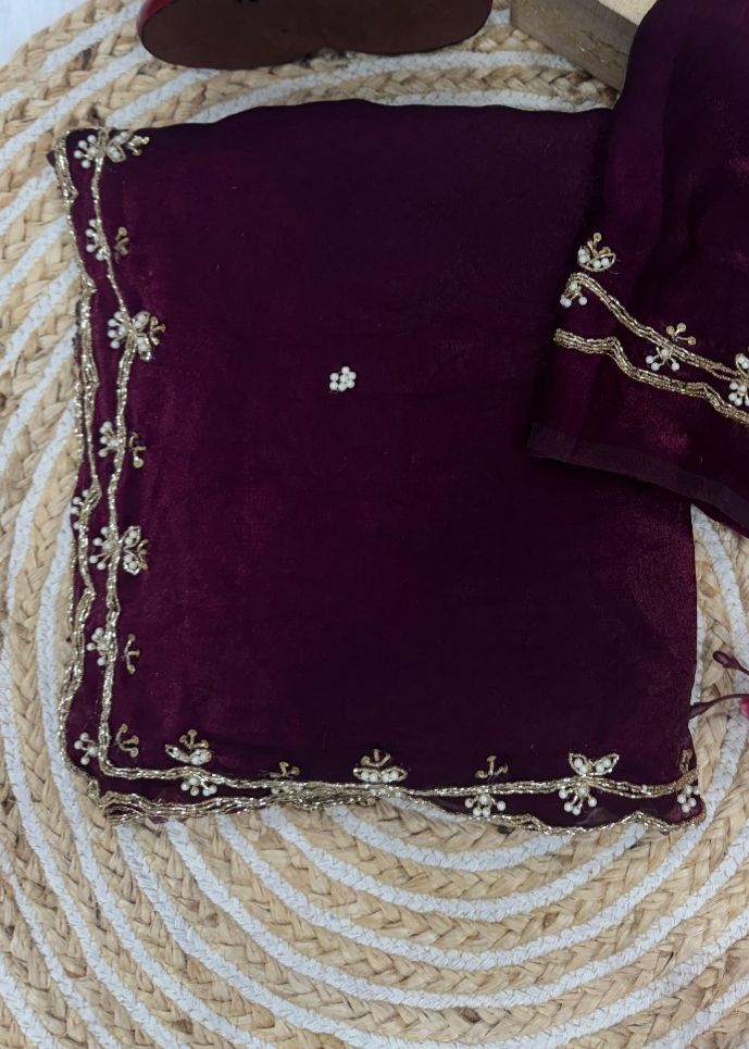 KK-FATIMA Fancy Satin Silk Saree – Handcrafted Khatli Katdana Work with Cutwork Border & Matching Blouse | House of ShiVisha™ | Designer Luxe Edition