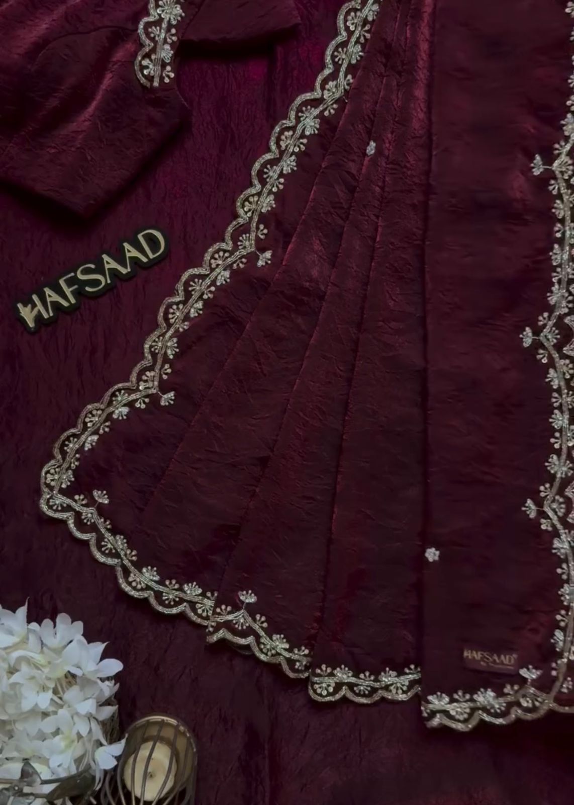 KK-FATIMA Fancy Satin Silk Saree – Handcrafted Khatli Katdana Work with Cutwork Border & Matching Blouse | House of ShiVisha™ | Designer Luxe Edition