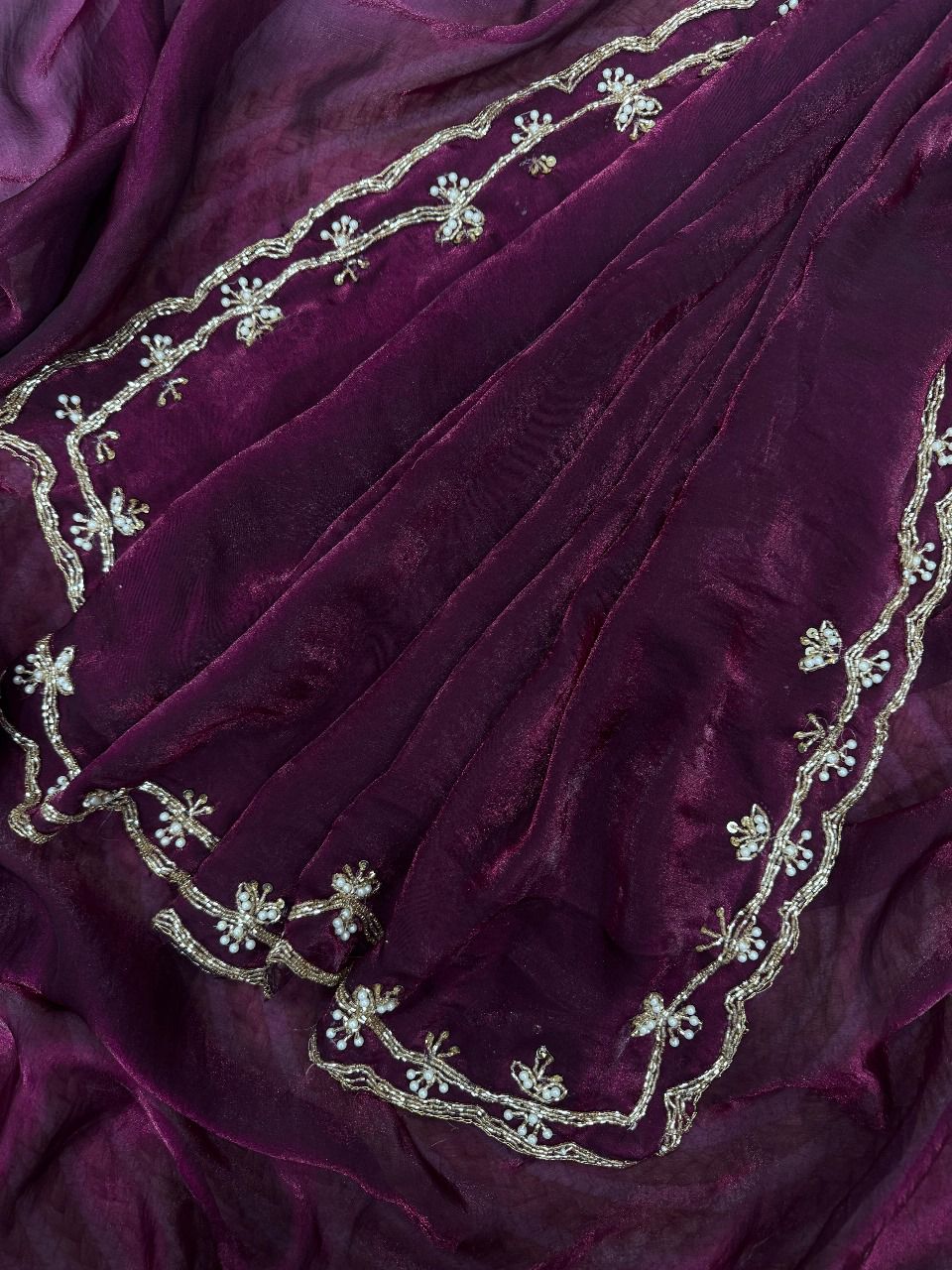 KK-FATIMA Fancy Satin Silk Saree – Handcrafted Khatli Katdana Work with Cutwork Border & Matching Blouse | House of ShiVisha™ | Designer Luxe Edition