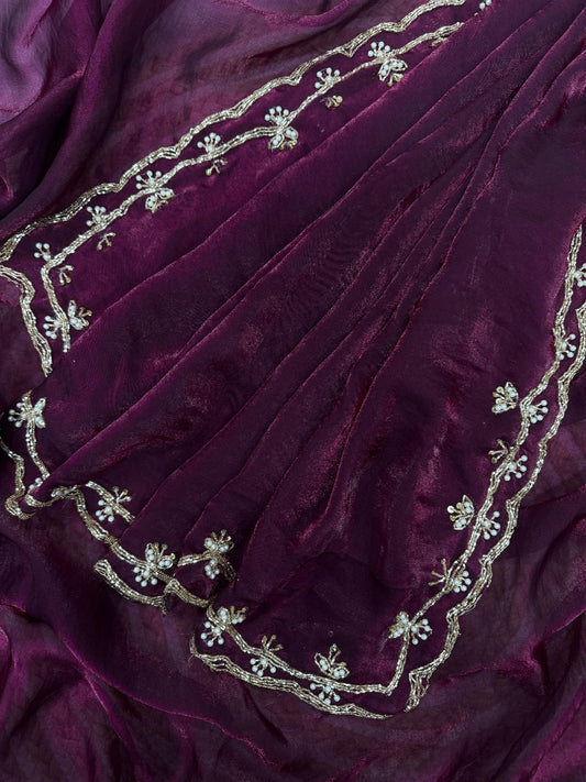 KK-FATIMA Fancy Satin Silk Saree – Handcrafted Khatli Katdana Work with Cutwork Border & Matching Blouse | House of ShiVisha™ | Designer Luxe Edition