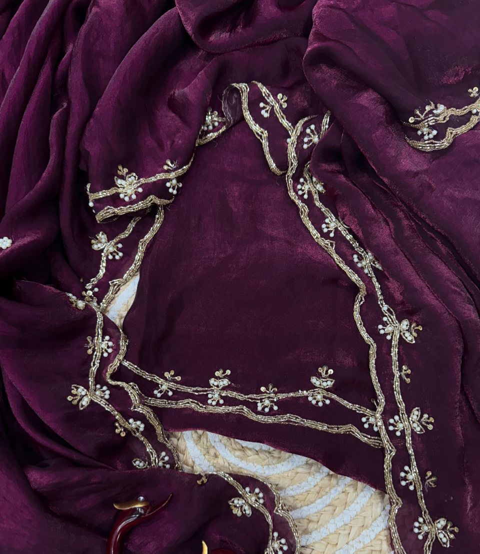 KK-FATIMA Fancy Satin Silk Saree – Handcrafted Khatli Katdana Work with Cutwork Border & Matching Blouse | House of ShiVisha™ | Designer Luxe Edition