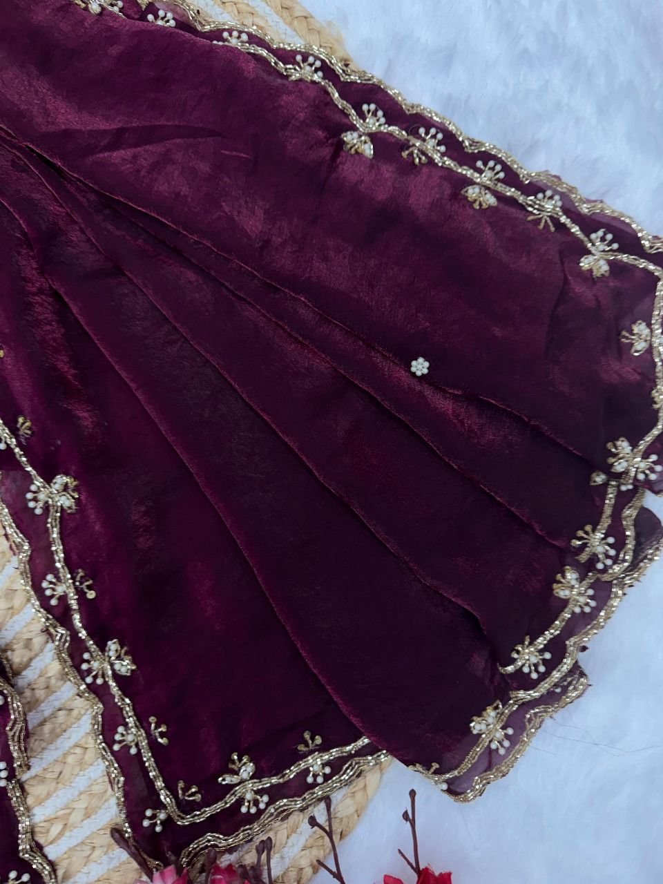 KK-FATIMA Fancy Satin Silk Saree – Handcrafted Khatli Katdana Work with Cutwork Border & Matching Blouse | House of ShiVisha™ | Designer Luxe Edition