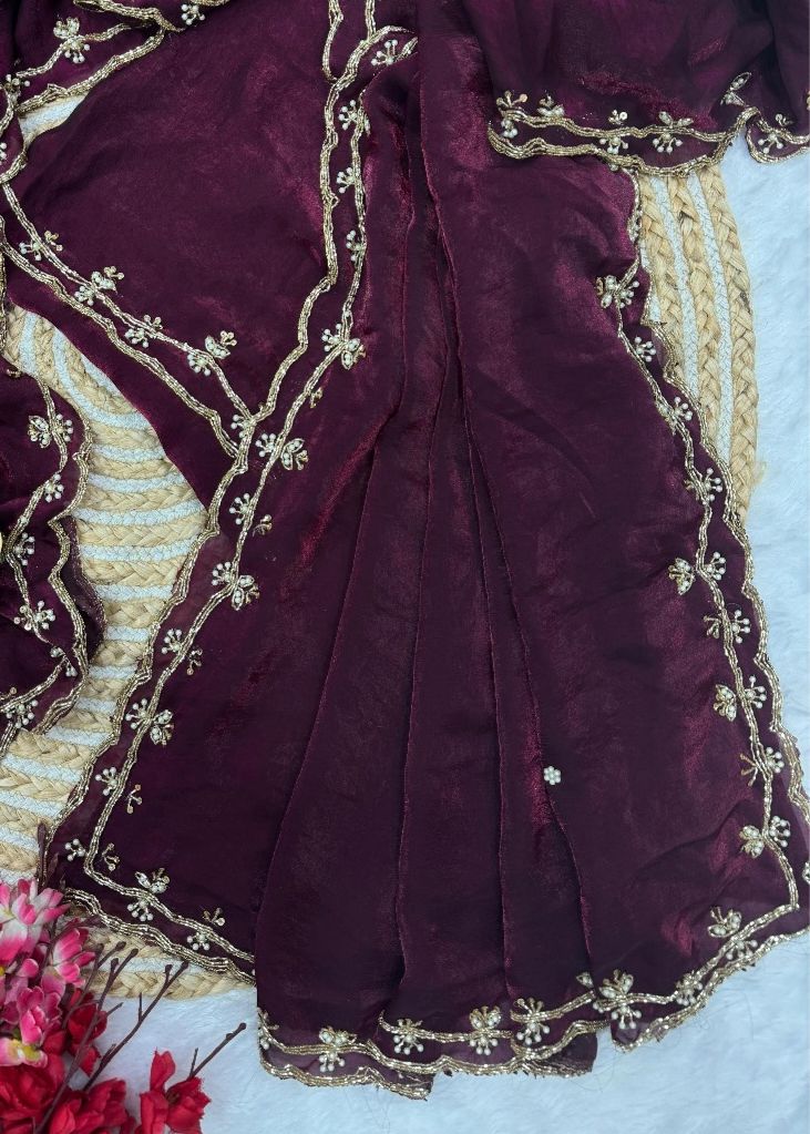 KK-FATIMA Fancy Satin Silk Saree – Handcrafted Khatli Katdana Work with Cutwork Border & Matching Blouse | House of ShiVisha™ | Designer Luxe Edition