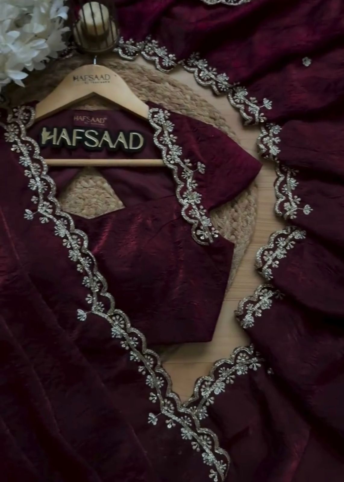 KK-FATIMA Fancy Satin Silk Saree – Handcrafted Khatli Katdana Work with Cutwork Border & Matching Blouse | House of ShiVisha™ | Designer Luxe Edition