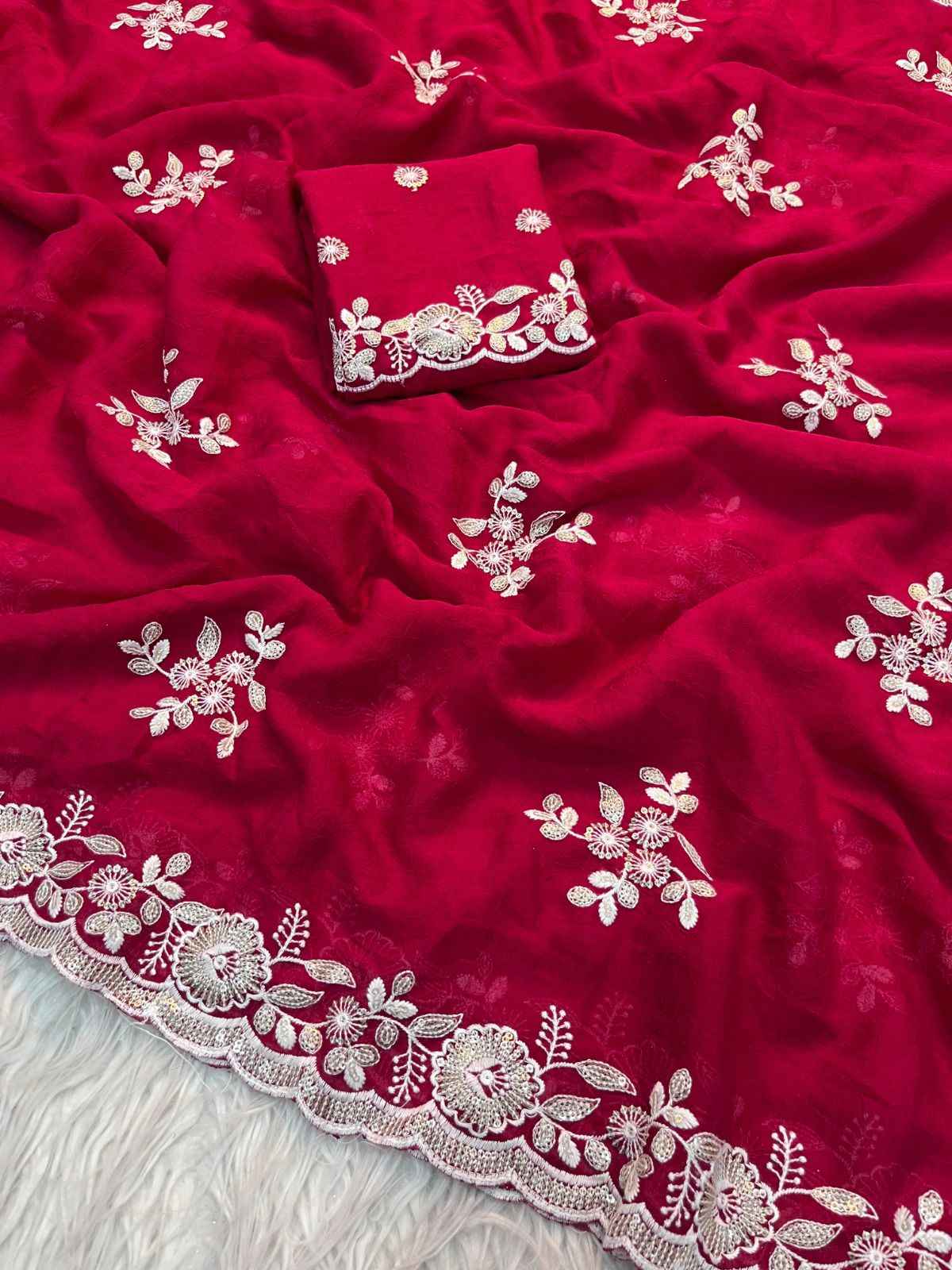 KK–ADITI Heavy Crush Silk Saree – C-Pallu Embroidery with Thread & Sequin Work and Cutwork Border | House of ShiVisha™