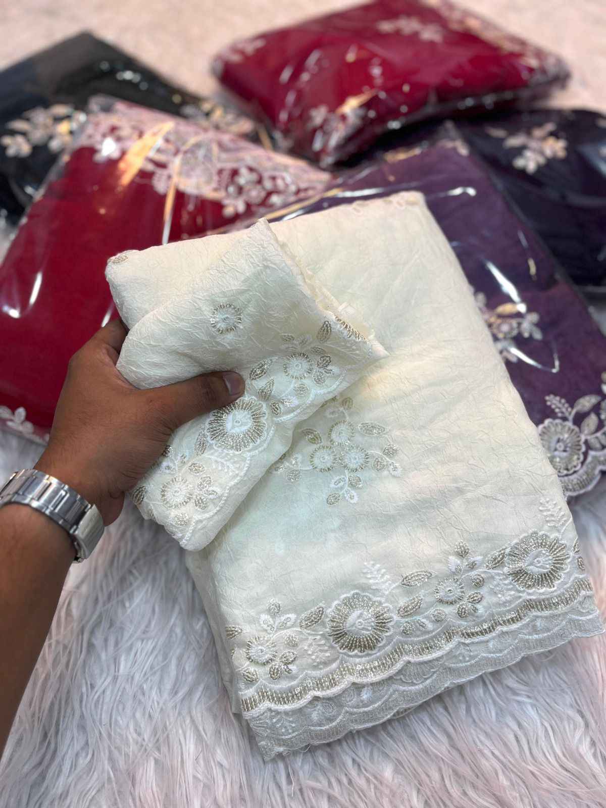 KK–ADITI Heavy Crush Silk Saree – C-Pallu Embroidery with Thread & Sequin Work and Cutwork Border | House of ShiVisha™