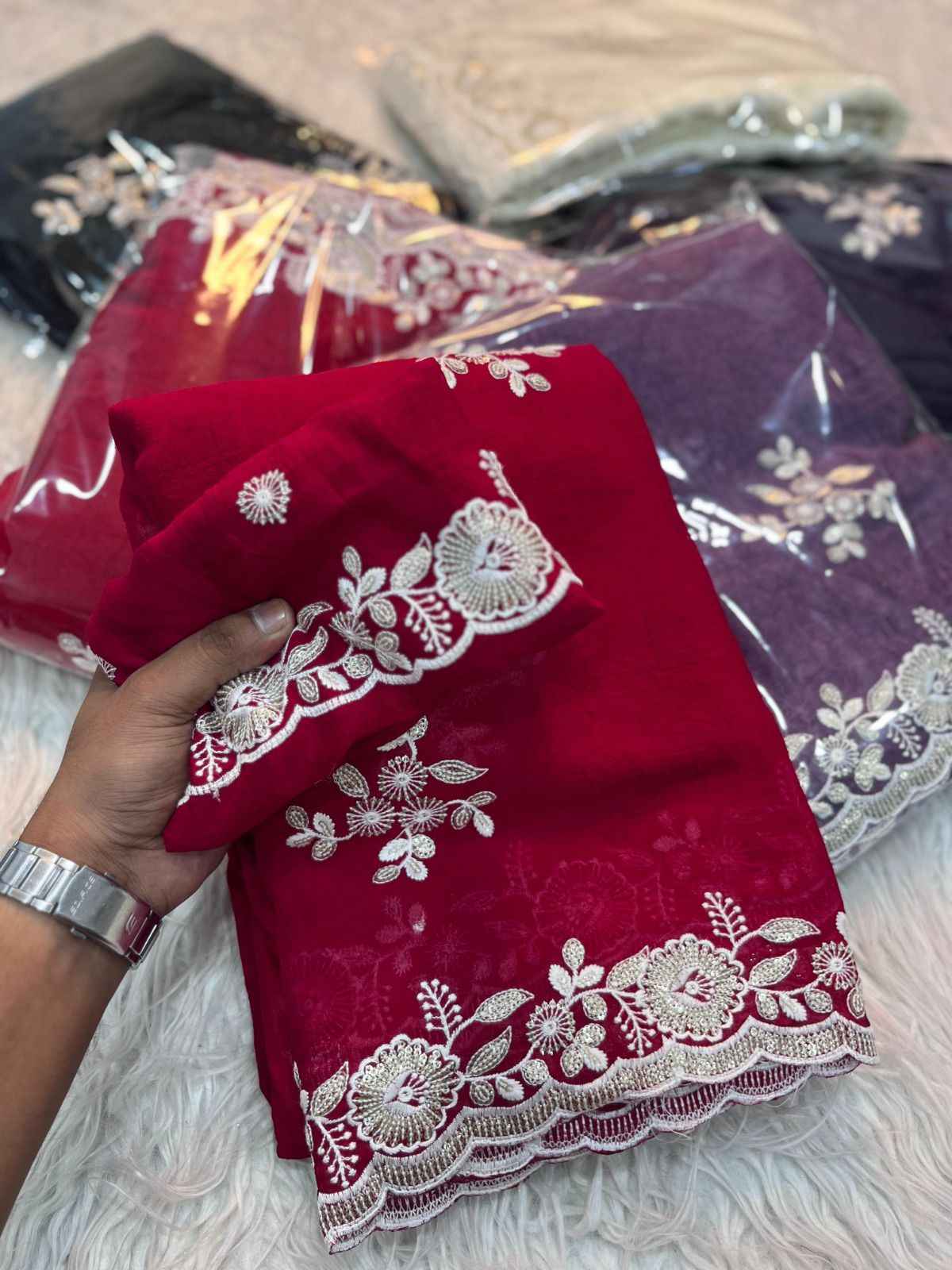 KK–ADITI Heavy Crush Silk Saree – C-Pallu Embroidery with Thread & Sequin Work and Cutwork Border | House of ShiVisha™