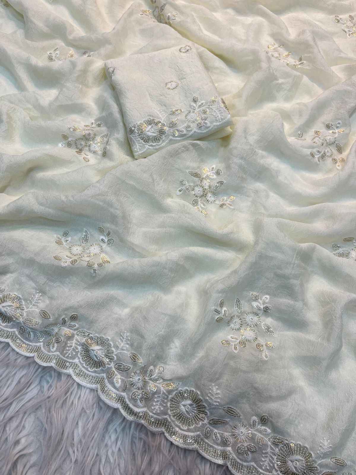 KK–ADITI Heavy Crush Silk Saree – C-Pallu Embroidery with Thread & Sequin Work and Cutwork Border | House of ShiVisha™