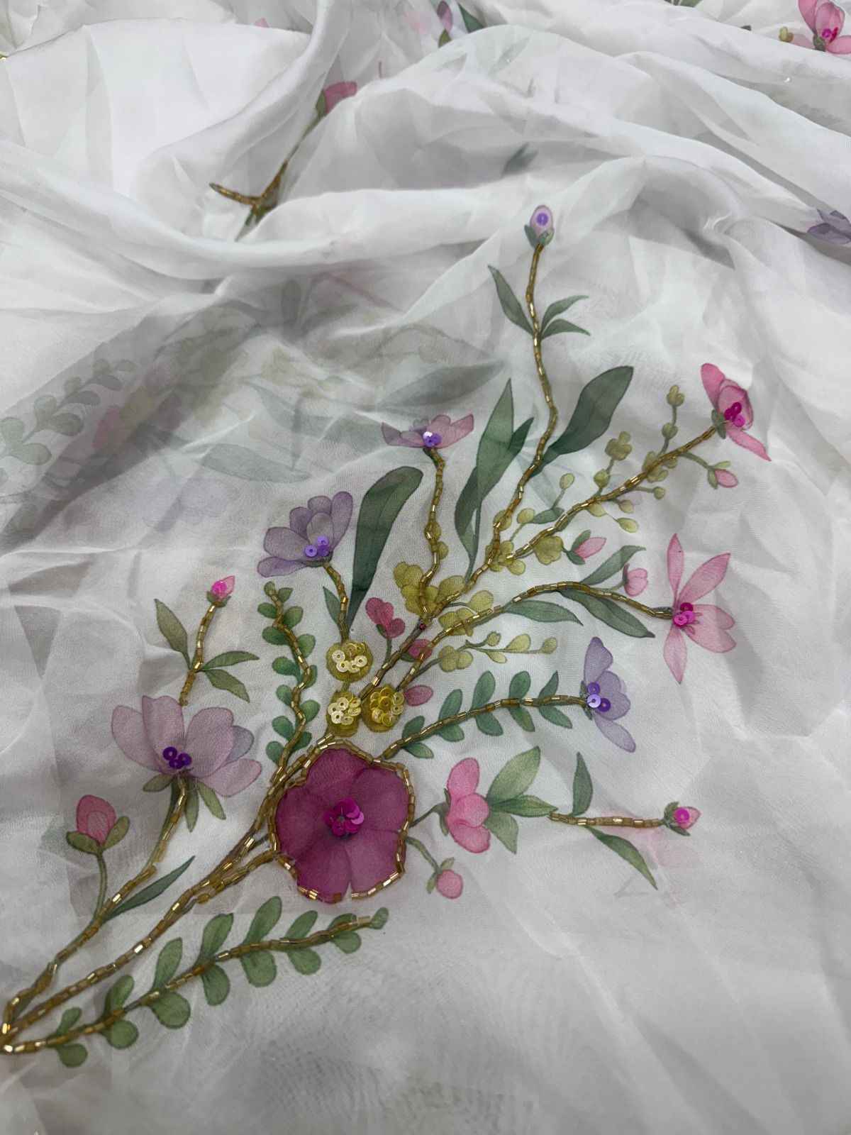 KK–LAILA Tabby Silk Saree – Digital Floral Print with Sequin & Katdana Handwork and Cutwork Border | House of ShiVisha™