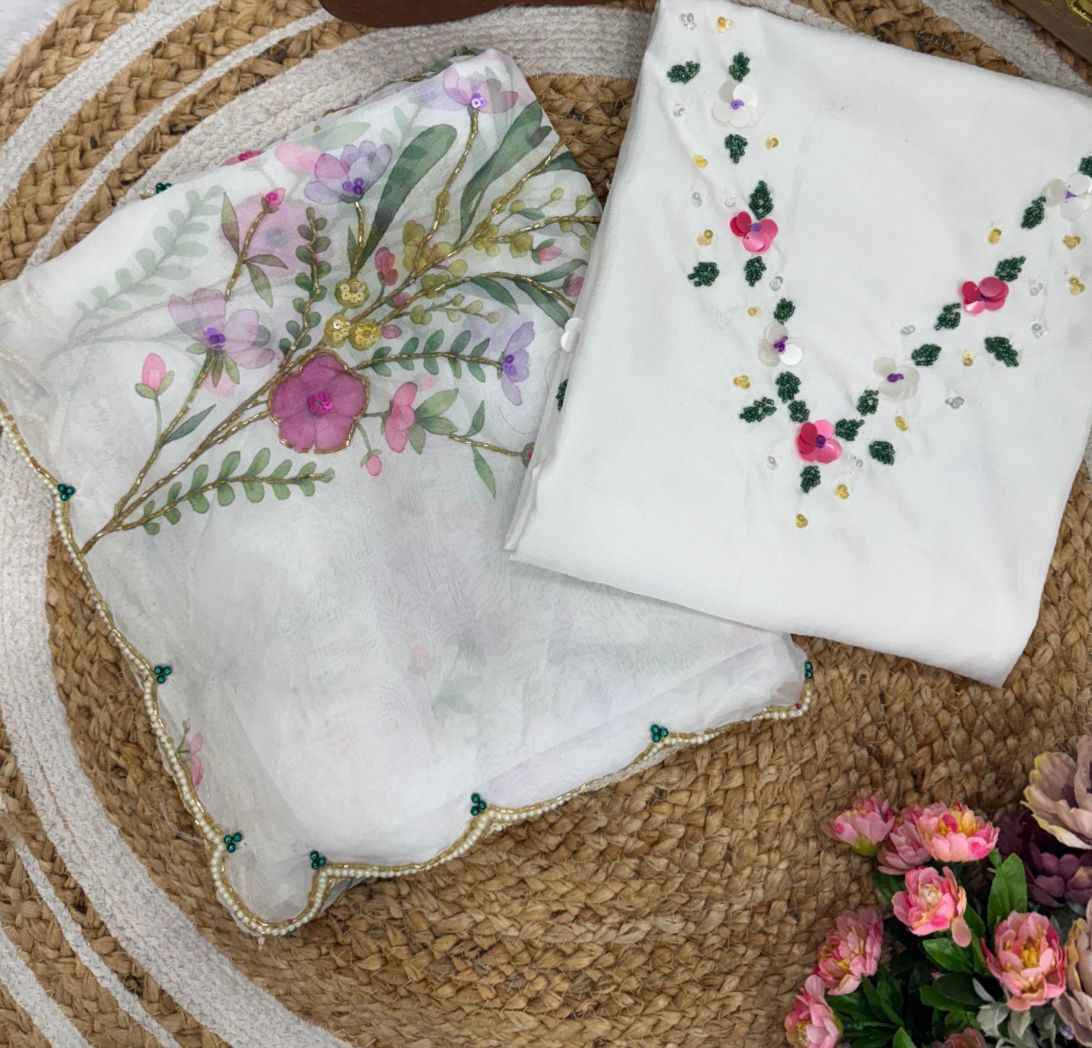 KK–LAILA Tabby Silk Saree – Digital Floral Print with Sequin & Katdana Handwork and Cutwork Border | House of ShiVisha™