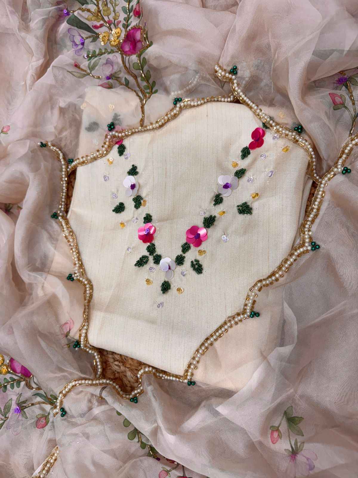 KK–LAILA Tabby Silk Saree – Digital Floral Print with Sequin & Katdana Handwork and Cutwork Border | House of ShiVisha™