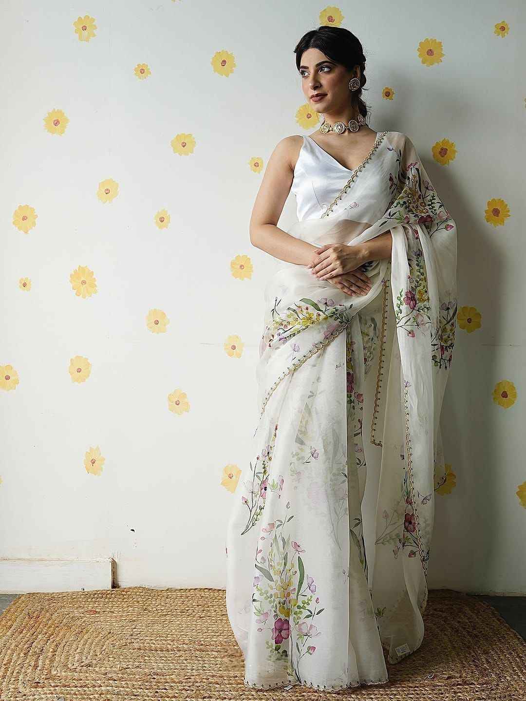 KK–LAILA Tabby Silk Saree – Digital Floral Print with Sequin & Katdana Handwork and Cutwork Border | House of ShiVisha™