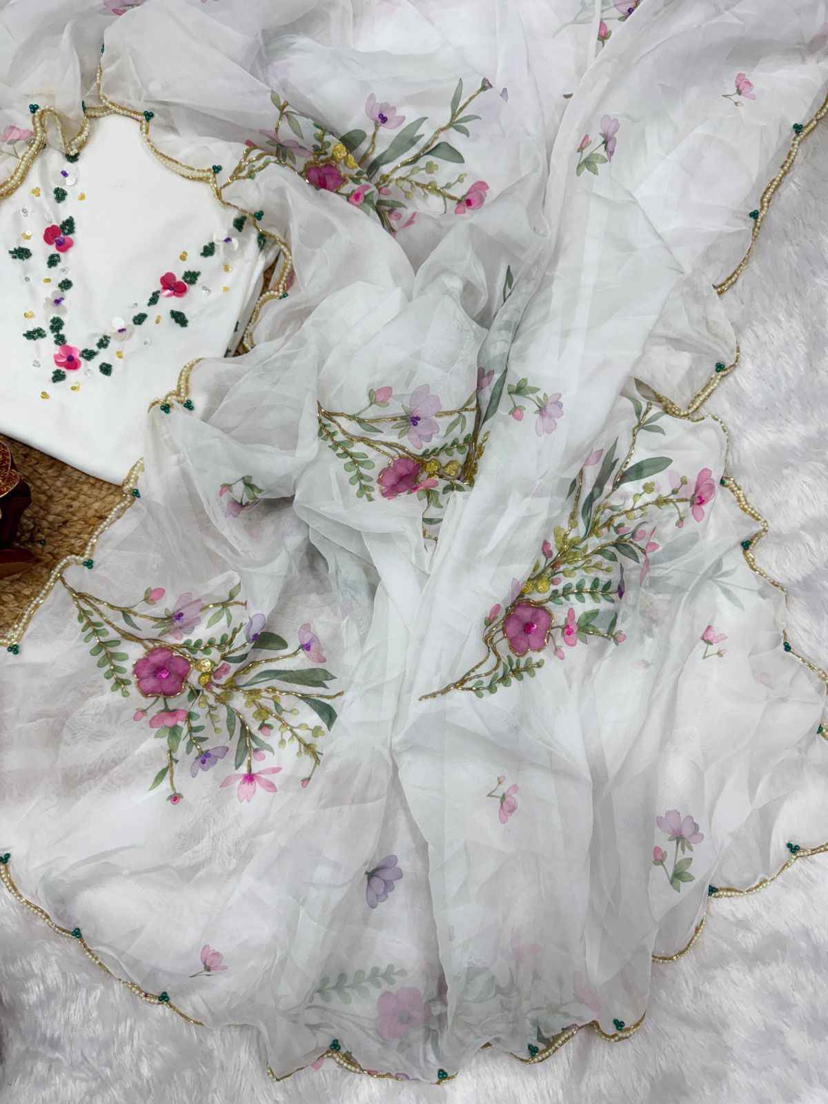 KK–LAILA Tabby Silk Saree – Digital Floral Print with Sequin & Katdana Handwork and Cutwork Border | House of ShiVisha™