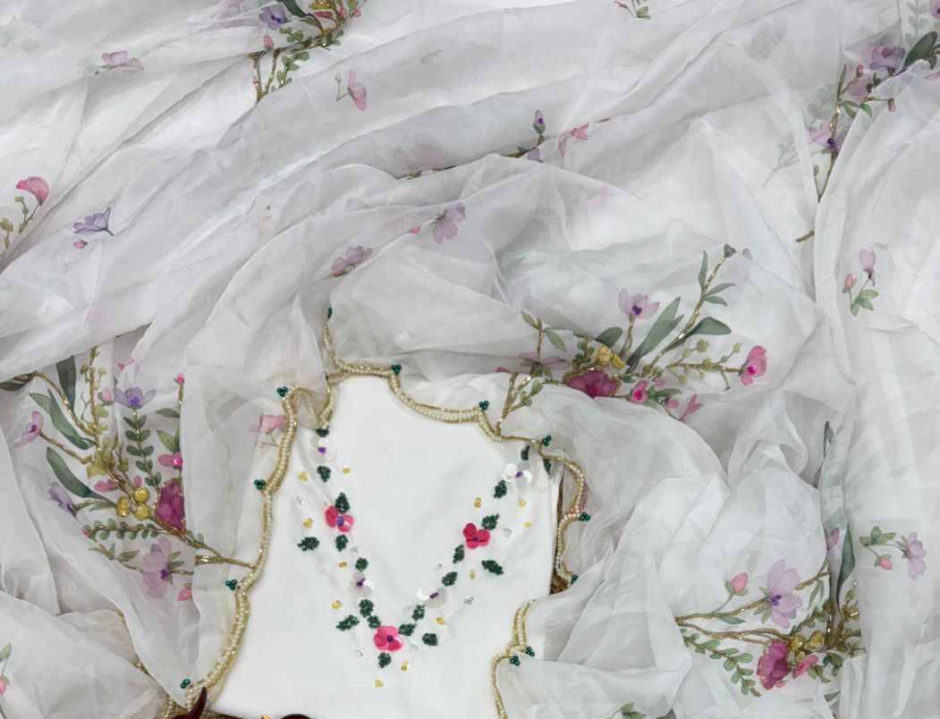 KK–LAILA Tabby Silk Saree – Digital Floral Print with Sequin & Katdana Handwork and Cutwork Border | House of ShiVisha™