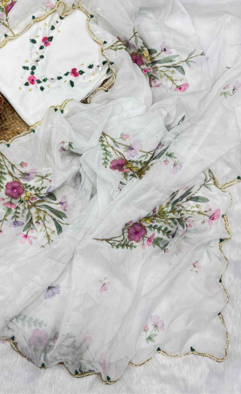 KK–LAILA Tabby Silk Saree – Digital Floral Print with Sequin & Katdana Handwork and Cutwork Border | House of ShiVisha™