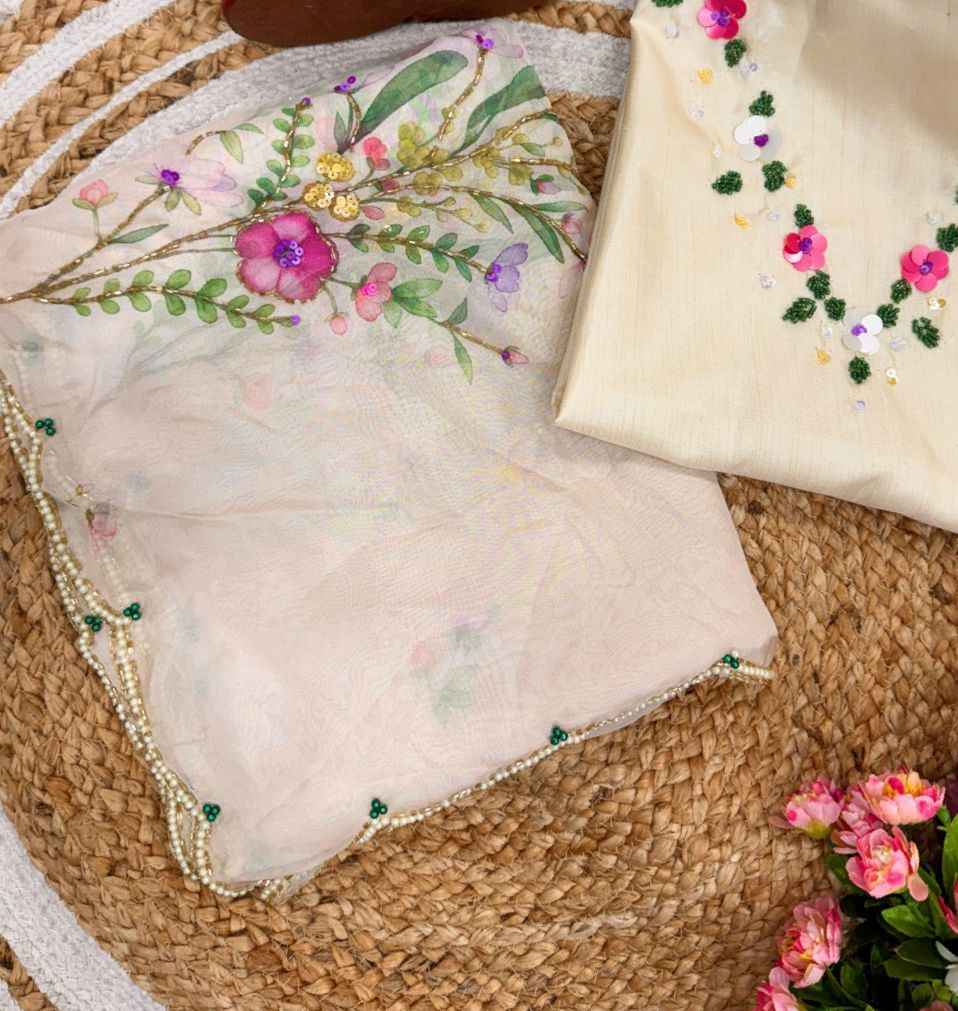 KK–LAILA Tabby Silk Saree – Digital Floral Print with Sequin & Katdana Handwork and Cutwork Border | House of ShiVisha™