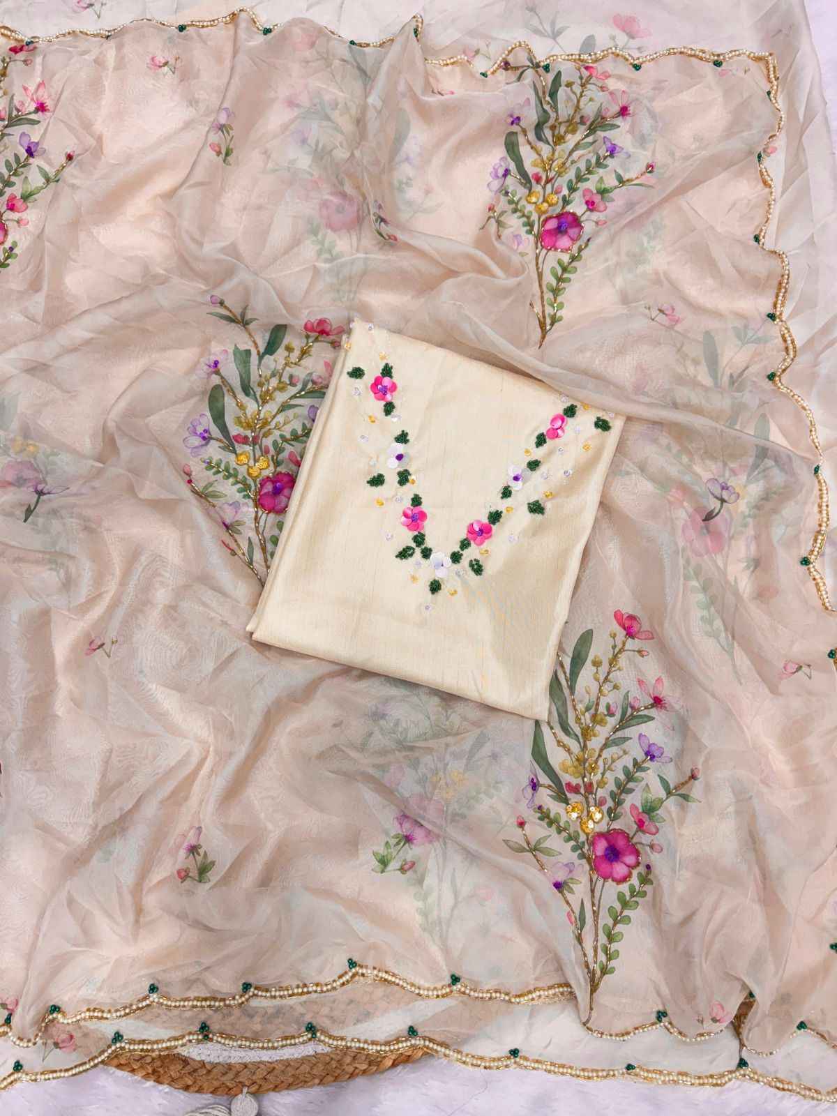 KK–LAILA Tabby Silk Saree – Digital Floral Print with Sequin & Katdana Handwork and Cutwork Border | House of ShiVisha™