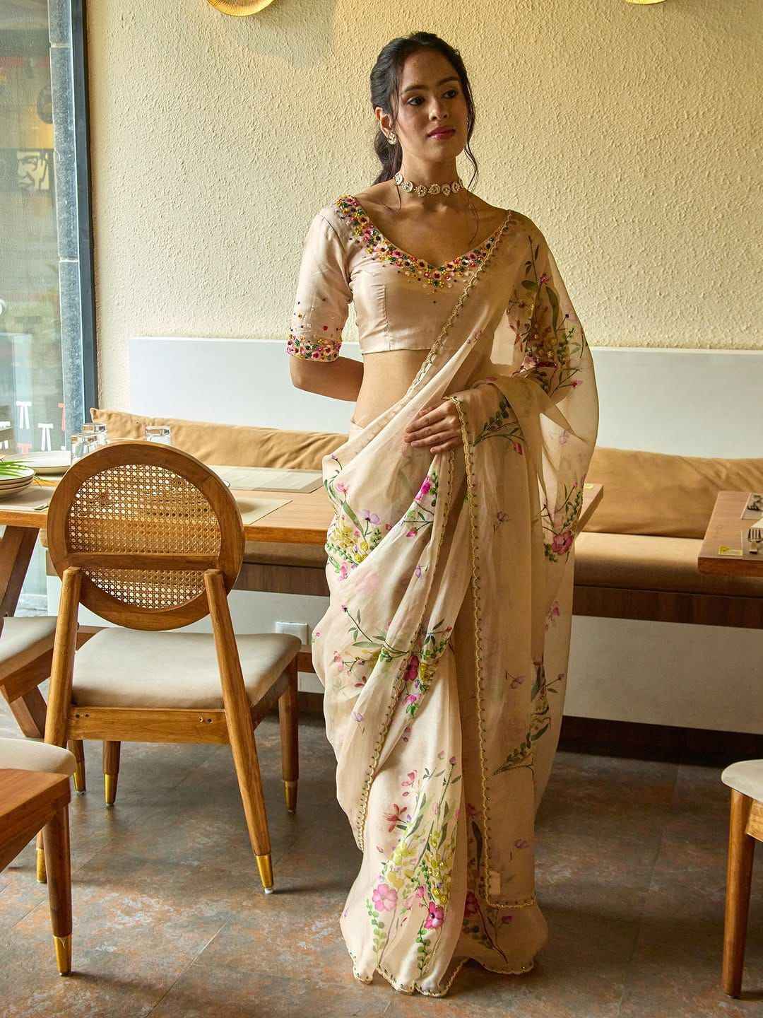 KK–LAILA Tabby Silk Saree – Digital Floral Print with Sequin & Katdana Handwork and Cutwork Border | House of ShiVisha™