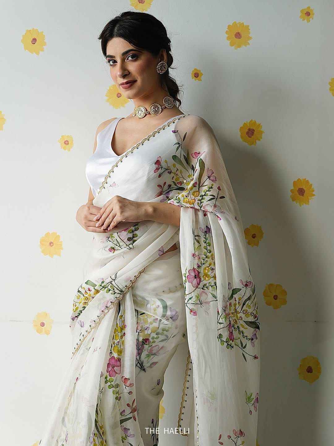 KK–LAILA Tabby Silk Saree – Digital Floral Print with Sequin & Katdana Handwork and Cutwork Border | House of ShiVisha™