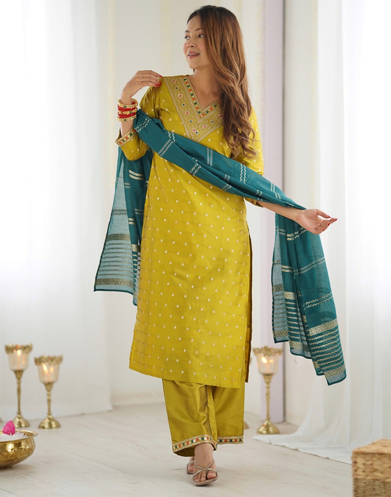 Kasturi Mustard Jacquard Silk Kurta Pant Dupatta Set – Woven Design with Elegant Jacquard Dupatta | House of ShiVisha™ | Graceful Classics Edition