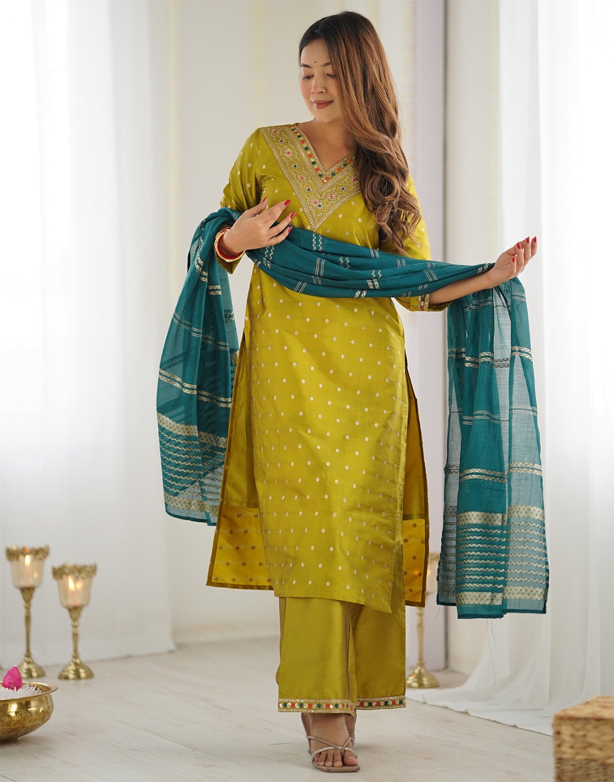 Kasturi Mustard Jacquard Silk Kurta Pant Dupatta Set – Woven Design with Elegant Jacquard Dupatta | House of ShiVisha™ | Graceful Classics Edition
