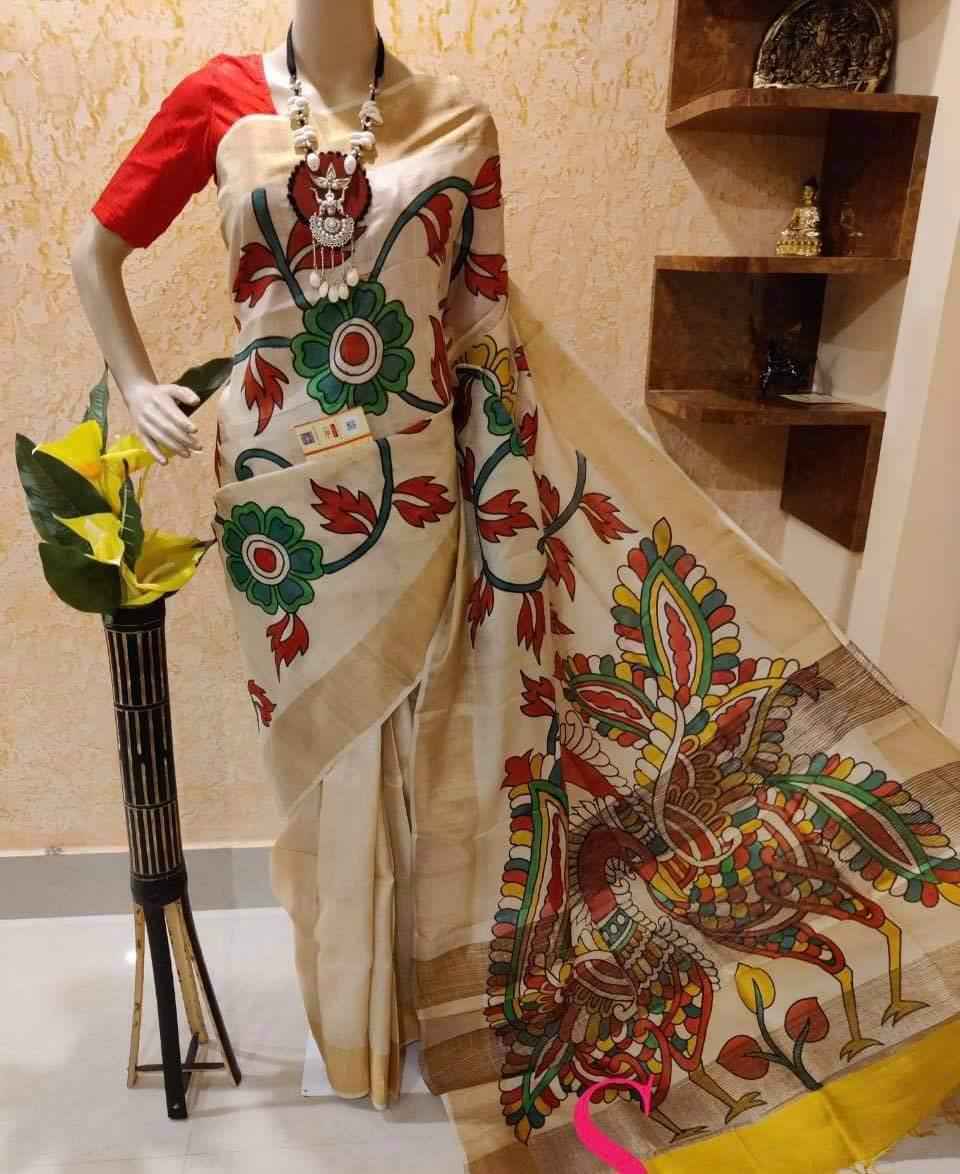 MG108 Original Linen Saree – Digital Print with Gold Zari Patta & Banglory Satin Blouse | House of ShiVisha™