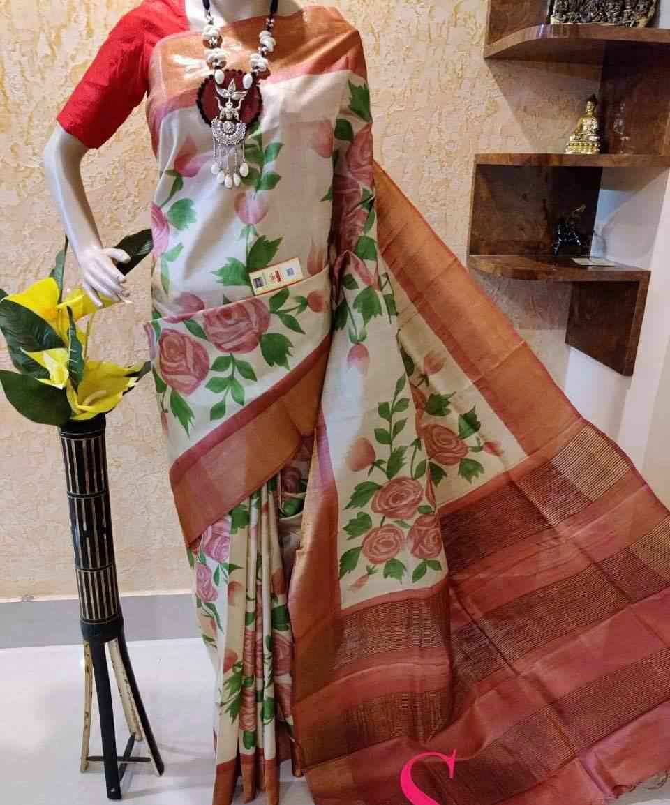 MG108 Original Linen Saree – Digital Print with Gold Zari Patta & Banglory Satin Blouse | House of ShiVisha™