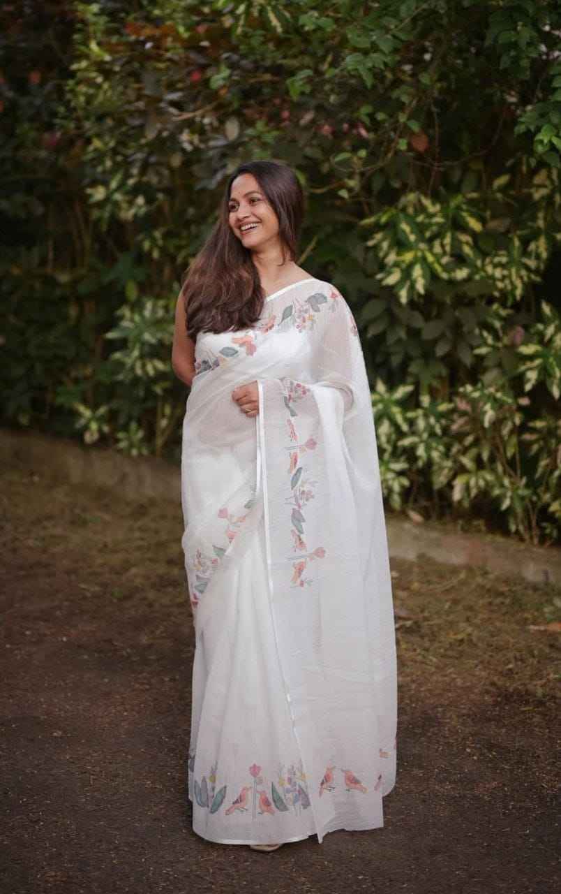 MG537 Linen Saree – Digital Print Design with Matching Digital Print Blouse | House of ShiVisha™