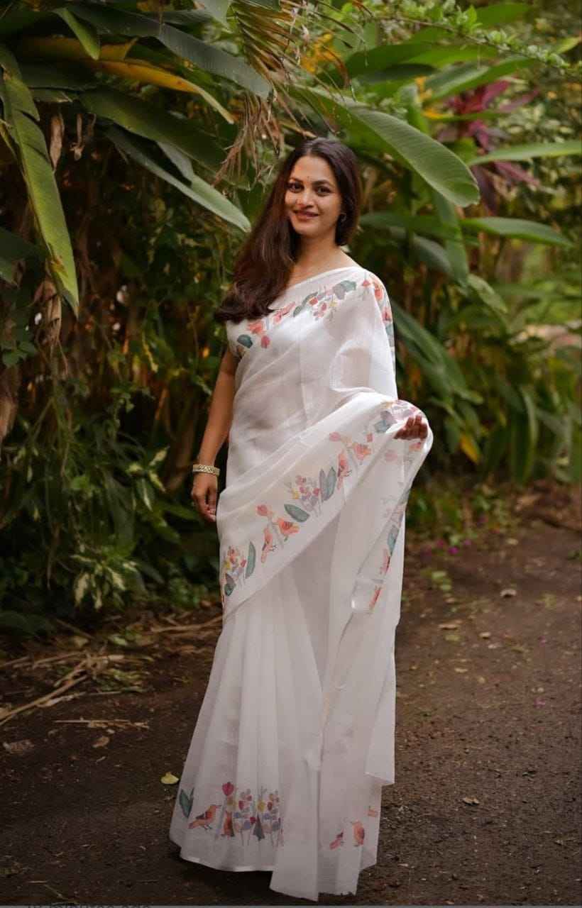 MG537 Linen Saree – Digital Print Design with Matching Digital Print Blouse | House of ShiVisha™