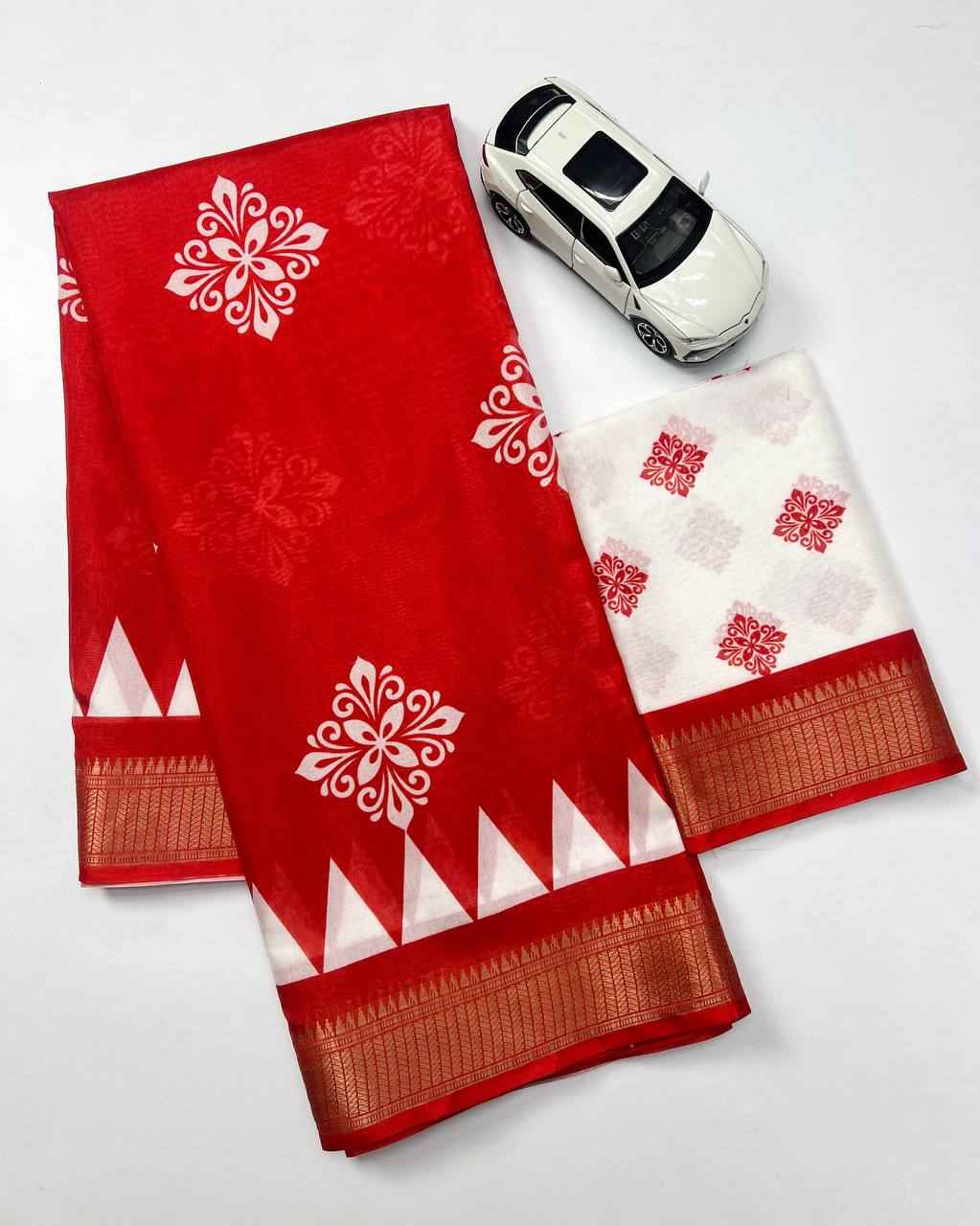 MG592 Soft Silk Digital Print Saree – Jacquard Border with Matching Digital Print Blouse | House of ShiVisha™