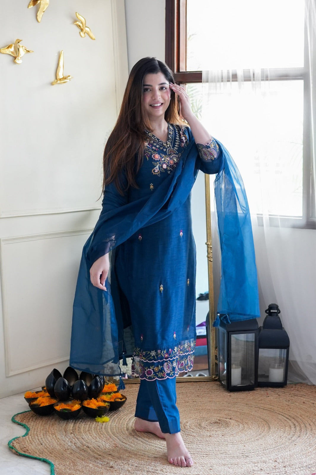 Magic Cerulean Vichitra Silk Kurta Pant Dupatta Set – Embroidered Design with Tabby Silk Dupatta | House of ShiVisha™ | Graceful Classics Edition