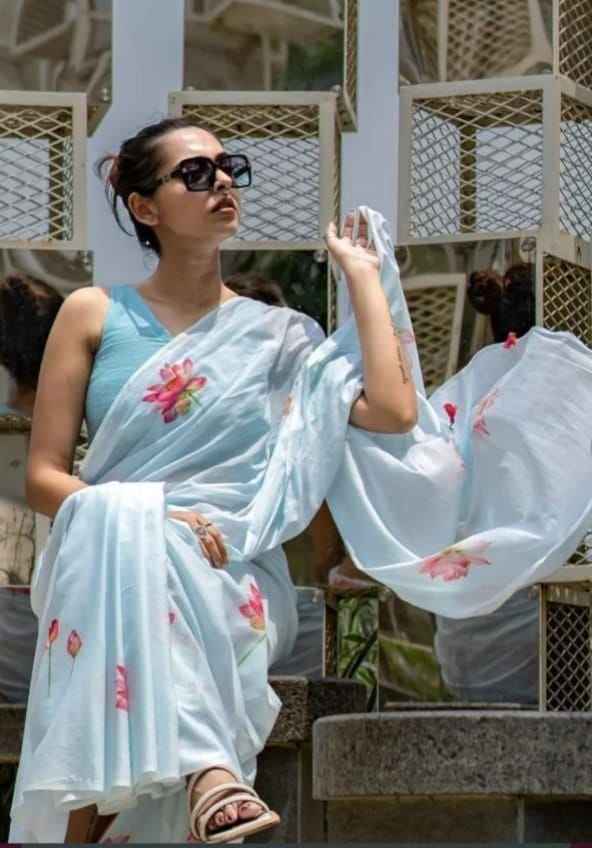 Mangalya Plain Linen Saree – Digital Print Design with Matching Blouse | House of ShiVisha™