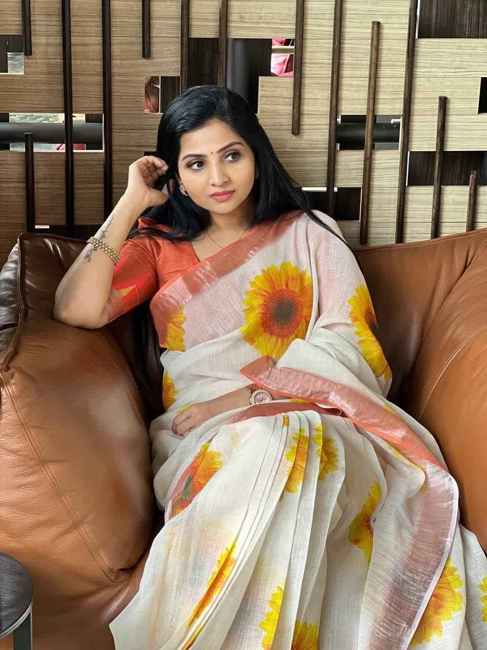 Mangalya Plain Linen Saree – Digital Print Design with Matching Blouse | House of ShiVisha™