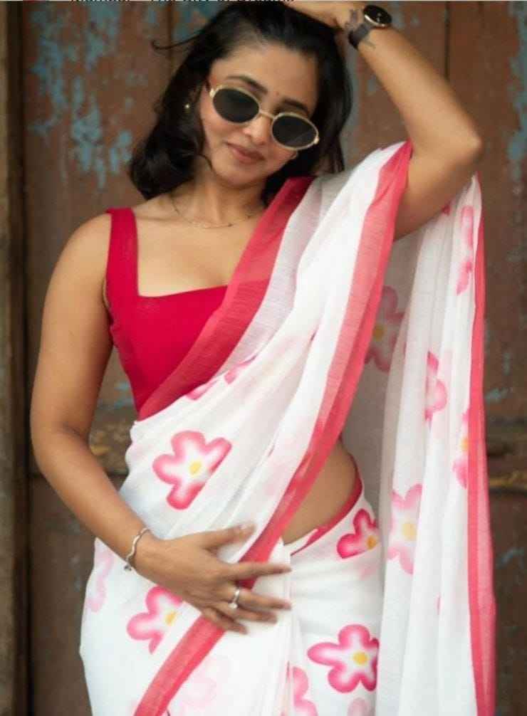 Mangalya Plain Linen Saree – Digital Print Design with Matching Blouse | House of ShiVisha™