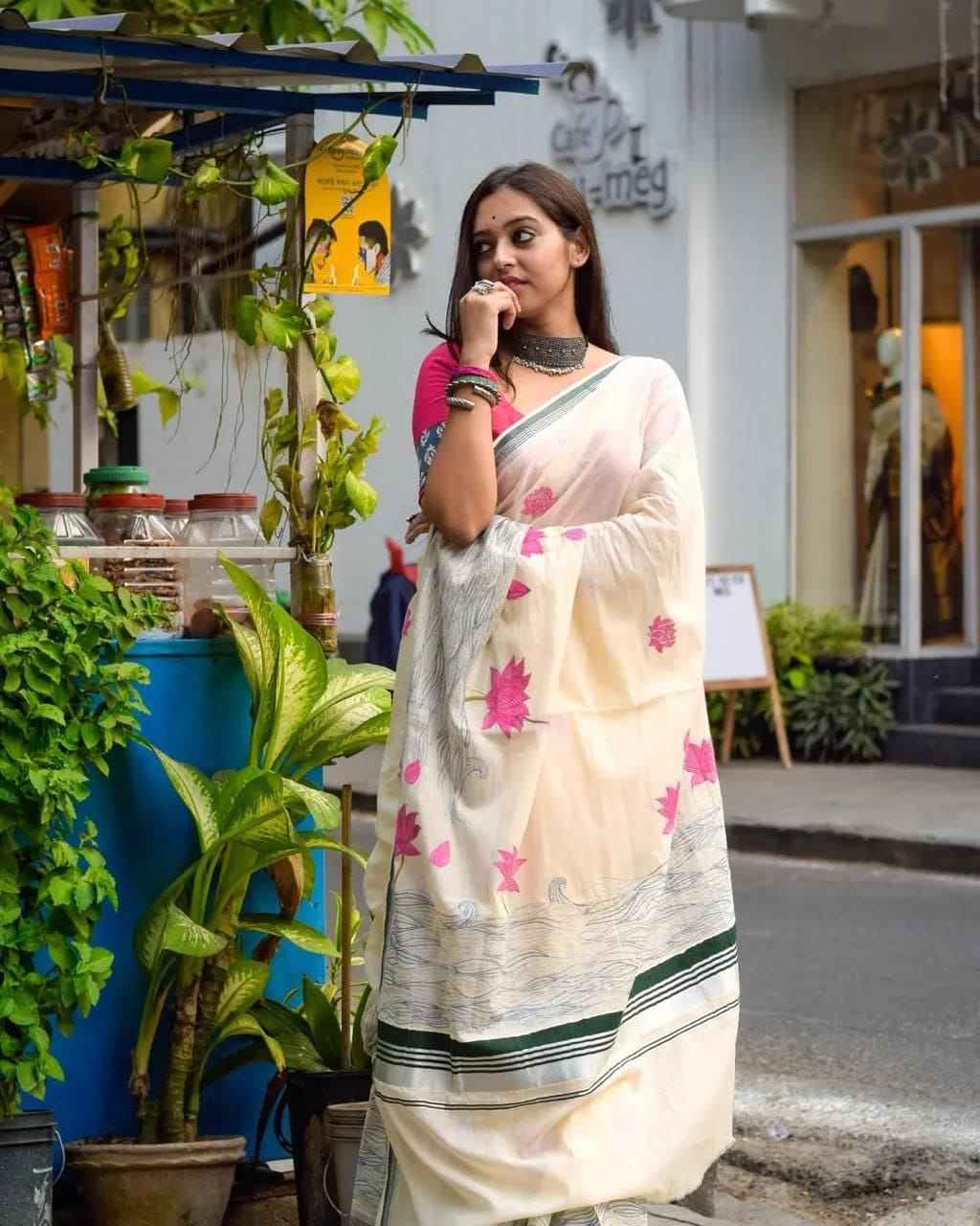 Mangalya Plain Linen Saree – Digital Print Design with Matching Blouse | House of ShiVisha™