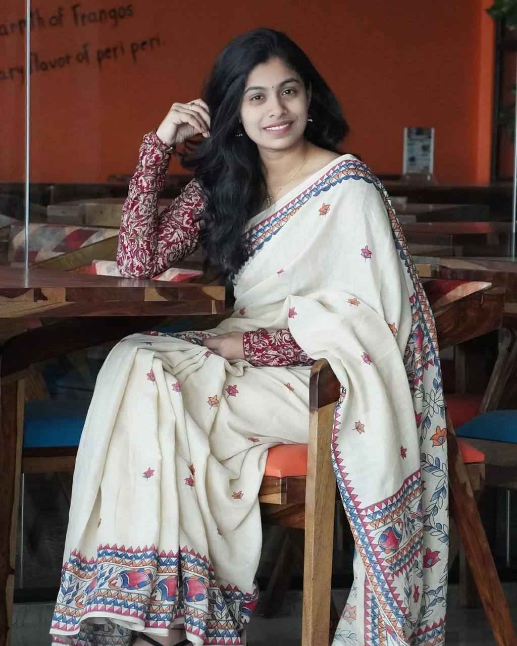 Mangalya Plain Linen Saree – Digital Print Design with Matching Blouse | House of ShiVisha™