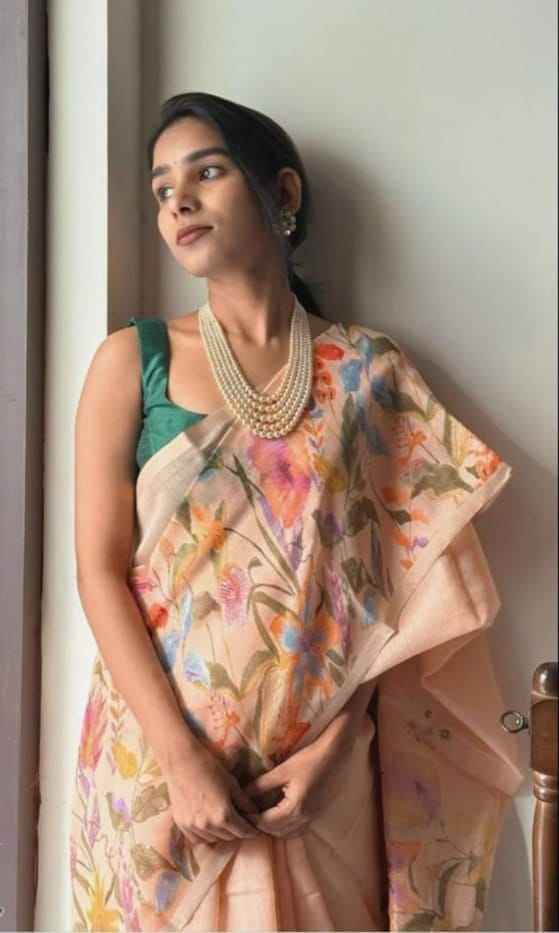 Mangalya Plain Linen Saree – Digital Print Design with Matching Blouse | House of ShiVisha™