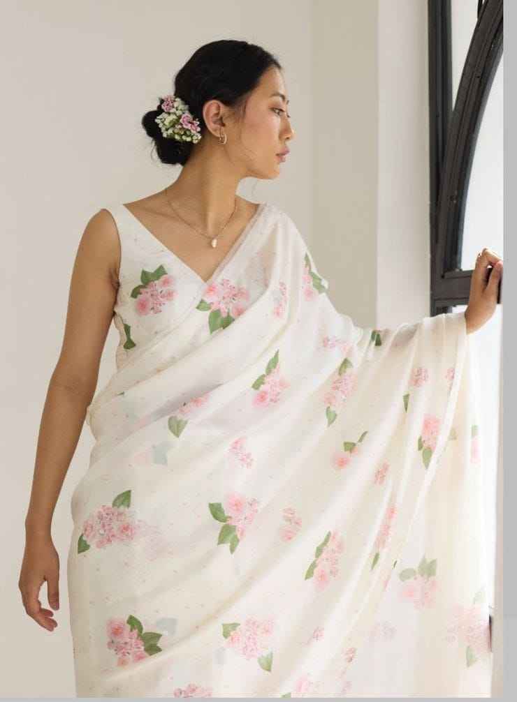 Mangalya Plain Linen Saree – Digital Print Design with Matching Blouse | House of ShiVisha™