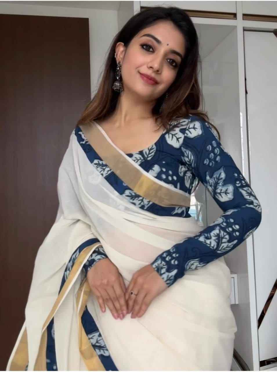 Mangalya Plain Linen Saree – Digital Print Design with Matching Blouse | House of ShiVisha™