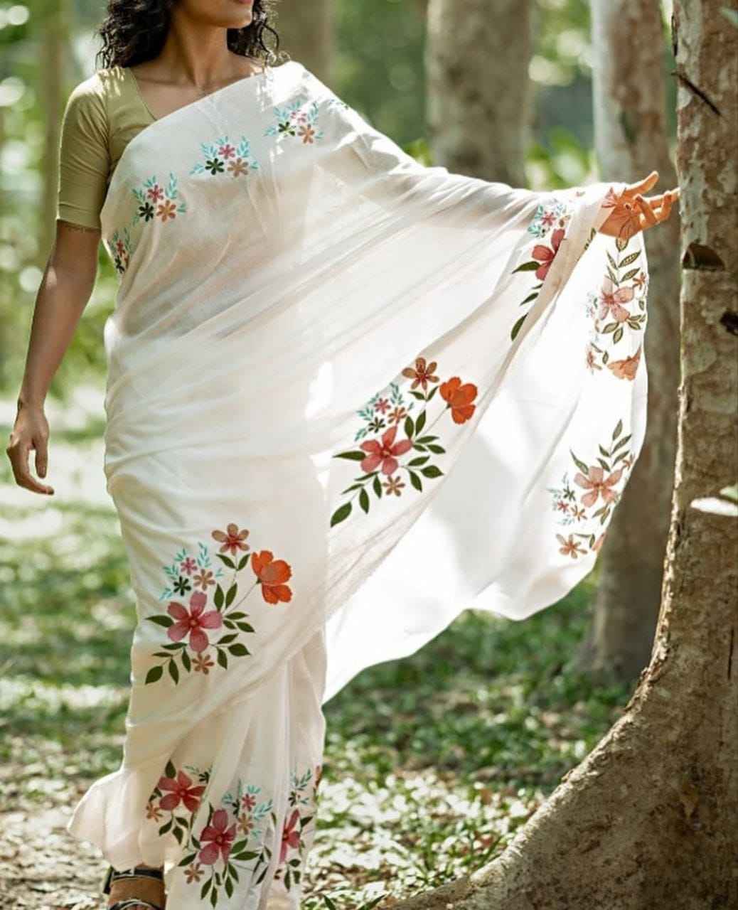 Mangalya Plain Linen Saree – Digital Print Design with Matching Blouse | House of ShiVisha™