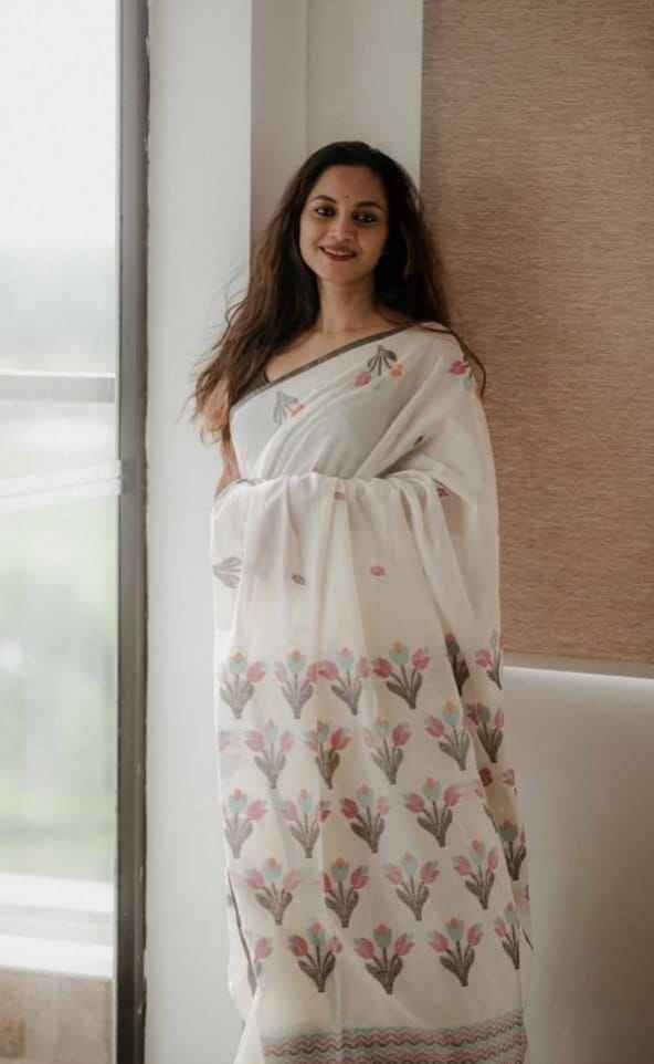 Mangalya Plain Linen Saree – Digital Print Design with Matching Blouse | House of ShiVisha™