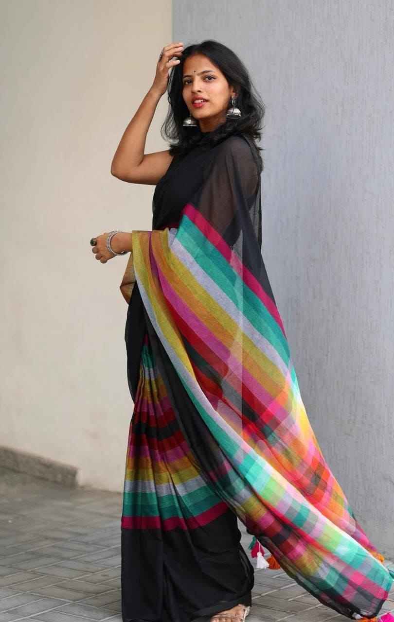 Mangalya Plain Linen Saree – Digital Print Design with Matching Blouse | House of ShiVisha™