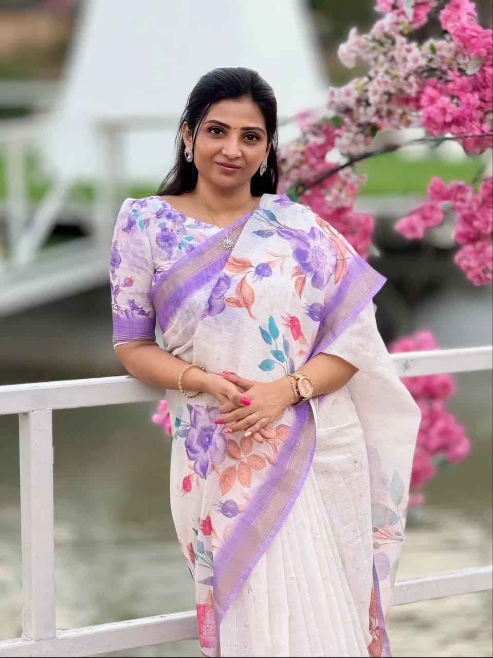 Mangalya Plain Linen Saree – Digital Print Design with Matching Blouse | House of ShiVisha™