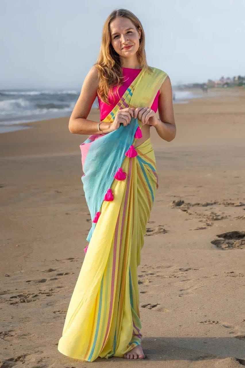 Mangalya Plain Linen Saree – Digital Print Design with Matching Blouse | House of ShiVisha™