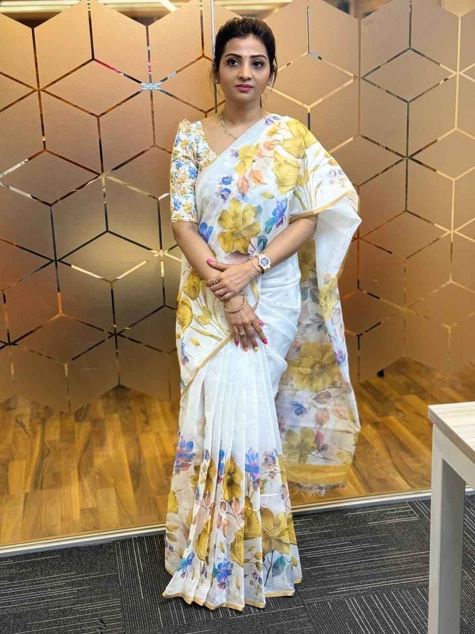 Mangalya Plain Linen Saree – Digital Print Design with Matching Blouse | House of ShiVisha™