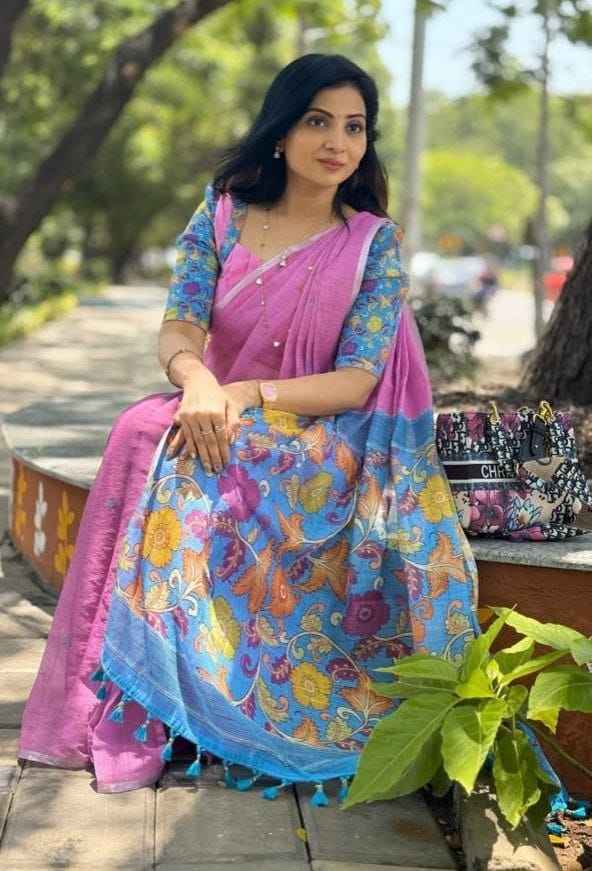 Mangalya Plain Linen Saree – Digital Print Design with Matching Blouse | House of ShiVisha™