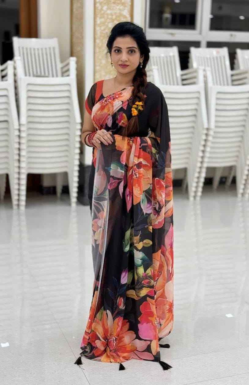 Mangalya Plain Linen Saree – Digital Print Design with Matching Blouse | House of ShiVisha™