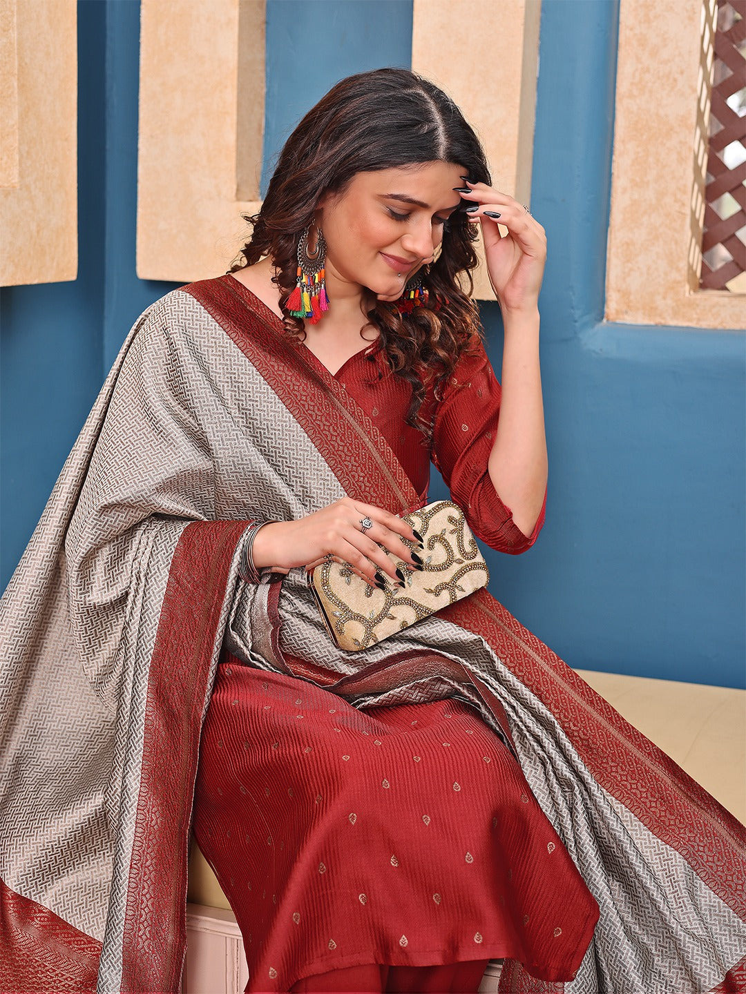 Mannat Jacquard Silk Kurta Pant Dupatta Set – Woven Design with Matching Silk Dupatta | House of ShiVisha™ | Color: Maroon