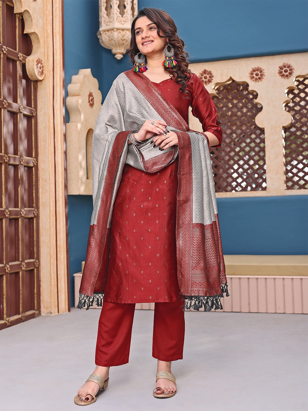 Mannat Jacquard Silk Kurta Pant Dupatta Set – Woven Design with Matching Silk Dupatta | House of ShiVisha™ | Color: Maroon