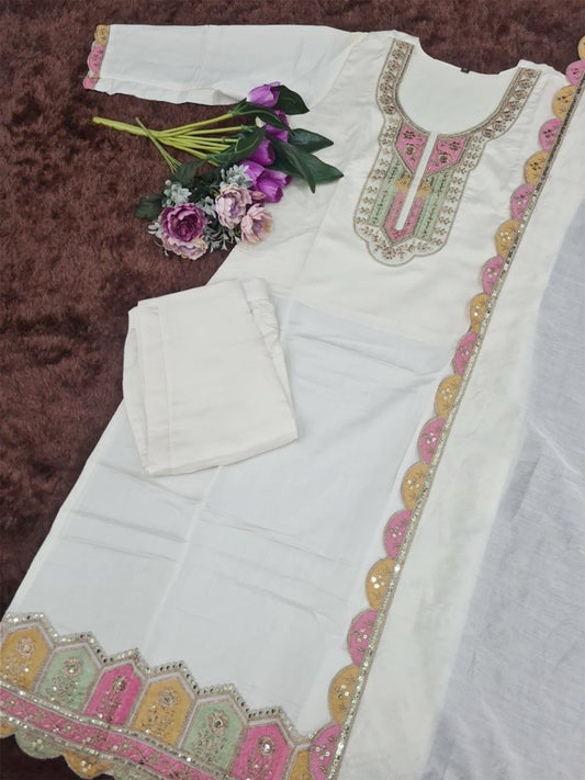 Milano Silk Kurta Pant Dupatta Set – Embroidered Tesla Fabric with Vichitra Dupatta | House of ShiVisha™ | Color: White
